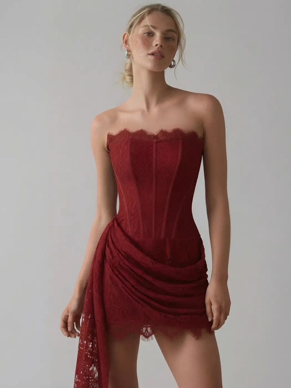 Strapless Lace Sculptural Tube Draped Bobycon Mini Dress Deep Wine Cider Sexy